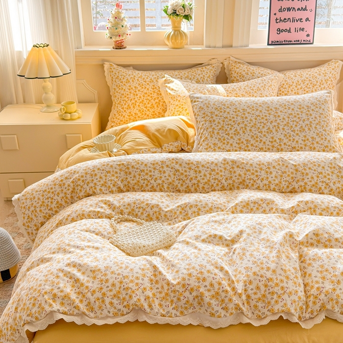 91家纺网 家纺一手货源 找家纺 芯贝儿 2026新款古法小清新全棉花边仿棉水洗棉法式四件套件被套床单 夏日初恋