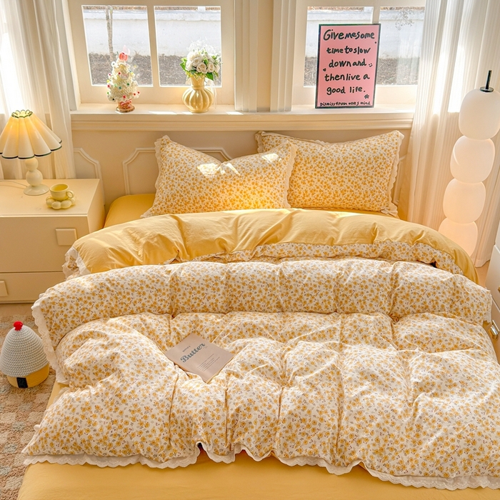 91家纺网 家纺一手货源 找家纺 芯贝儿 2026新款古法小清新全棉花边仿棉水洗棉法式四件套件被套床单 夏日初恋