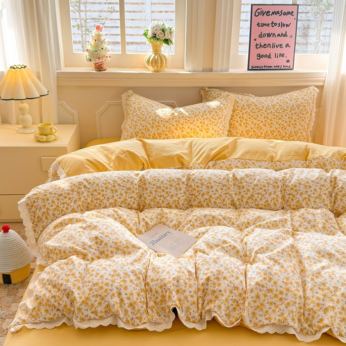 91家纺网 家纺一手货源 找家纺 芯贝儿 2026新款古法小清新全棉花边仿棉水洗棉法式四件套件被套床单 夏日初恋