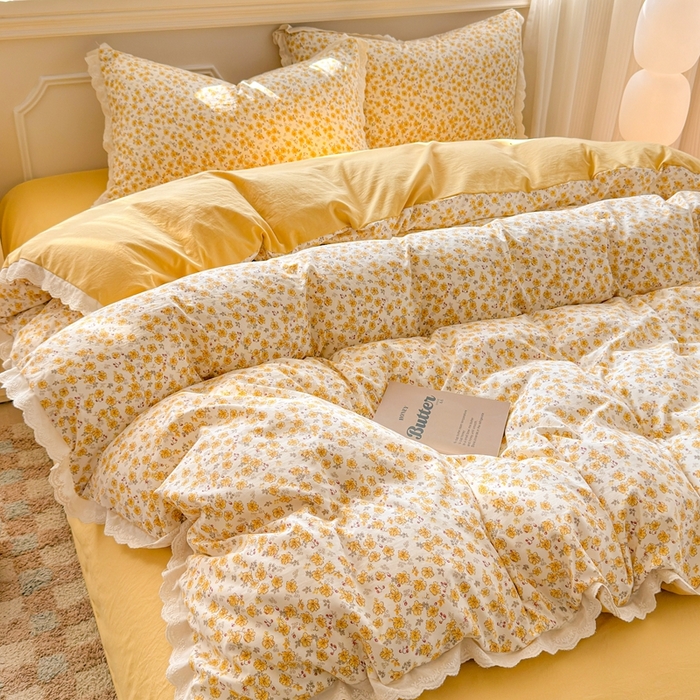 91家纺网 家纺一手货源 找家纺 芯贝儿 2026新款古法小清新全棉花边仿棉水洗棉法式四件套件被套床单 夏日初恋