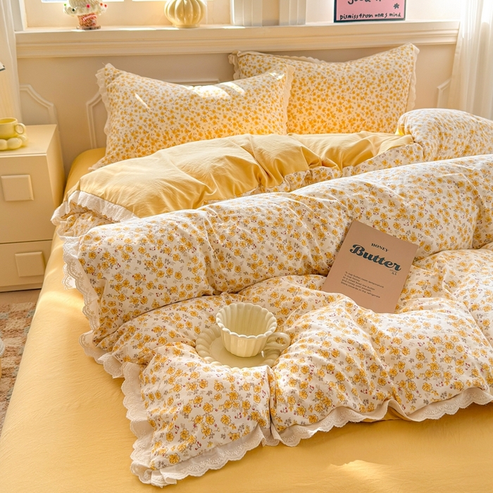 91家纺网 家纺一手货源 找家纺 芯贝儿 2026新款古法小清新全棉花边仿棉水洗棉法式四件套件被套床单 夏日初恋
