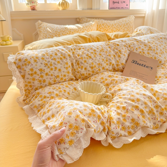 91家纺网 家纺一手货源 找家纺 芯贝儿 2026新款古法小清新全棉花边仿棉水洗棉法式四件套件被套床单 夏日初恋