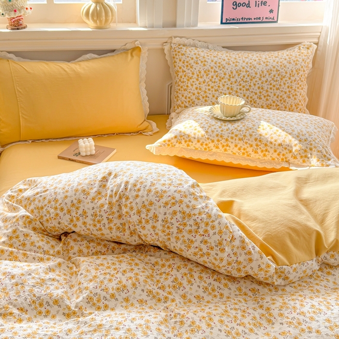 91家纺网 家纺一手货源 找家纺 芯贝儿 2026新款古法小清新全棉花边仿棉水洗棉法式四件套件被套床单 夏日初恋