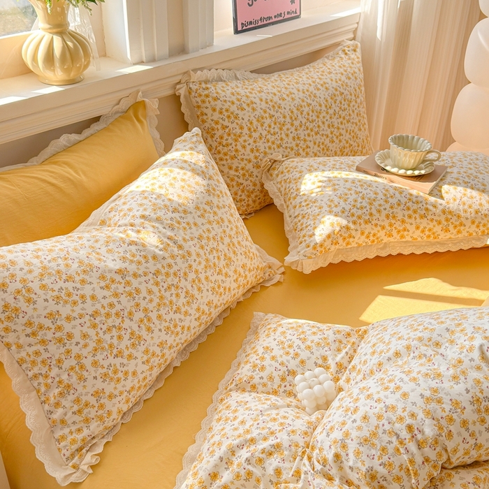 91家纺网 家纺一手货源 找家纺 芯贝儿 2026新款古法小清新全棉花边仿棉水洗棉法式四件套件被套床单 夏日初恋