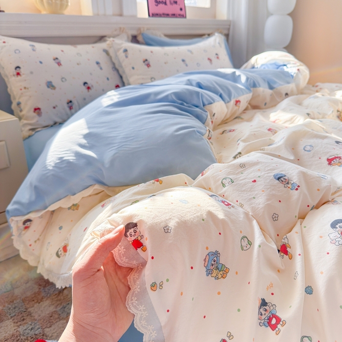 芯贝儿 2026新款古法小清新全棉花边仿棉水洗棉法式四件套件被套床单 小伙伴