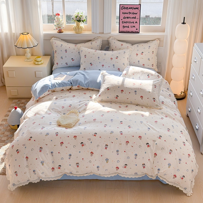 91家纺网 家纺一手货源 找家纺 芯贝儿 2026新款古法小清新全棉花边仿棉水洗棉法式四件套件被套床单 小伙伴