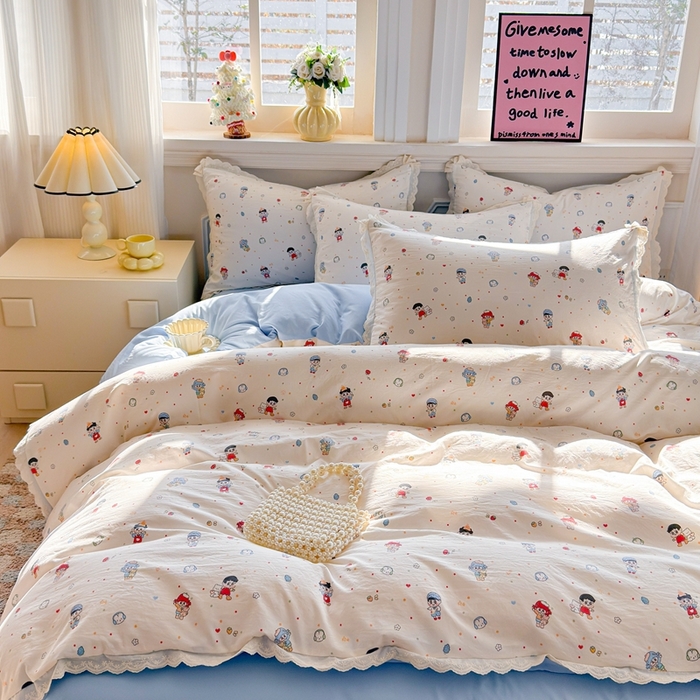 91家纺网 家纺一手货源 找家纺 芯贝儿 2026新款古法小清新全棉花边仿棉水洗棉法式四件套件被套床单 小伙伴