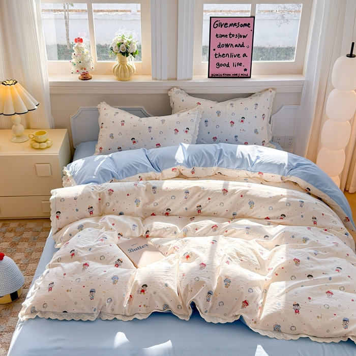 91家纺网 家纺一手货源 找家纺 芯贝儿 2026新款古法小清新全棉花边仿棉水洗棉法式四件套件被套床单 小伙伴