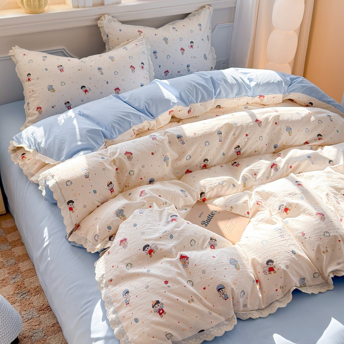 91家纺网 家纺一手货源 找家纺 芯贝儿 2026新款古法小清新全棉花边仿棉水洗棉法式四件套件被套床单 小伙伴