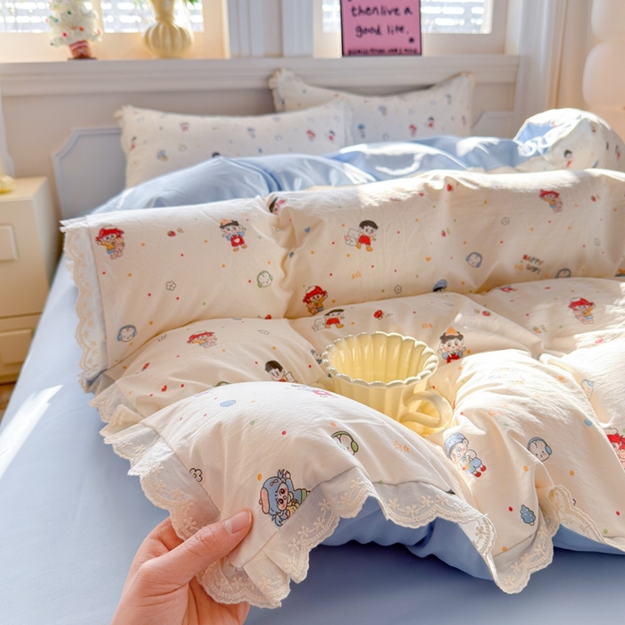 91家纺网 家纺一手货源 找家纺 芯贝儿 2026新款古法小清新全棉花边仿棉水洗棉法式四件套件被套床单 小伙伴