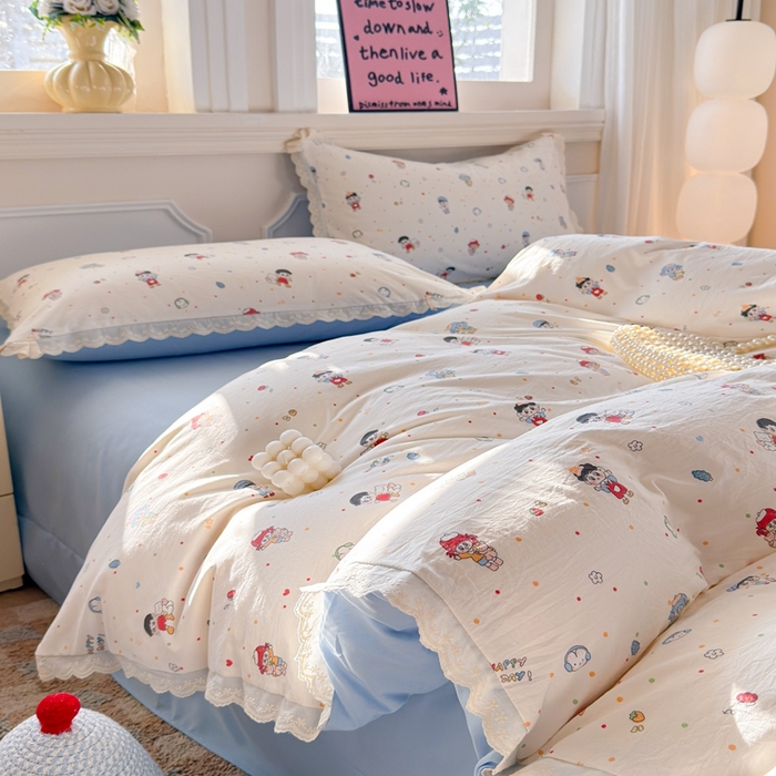 91家纺网 家纺一手货源 找家纺 芯贝儿 2026新款古法小清新全棉花边仿棉水洗棉法式四件套件被套床单 小伙伴