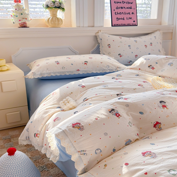 91家纺网 家纺一手货源 找家纺 芯贝儿 2026新款古法小清新全棉花边仿棉水洗棉法式四件套件被套床单 小伙伴