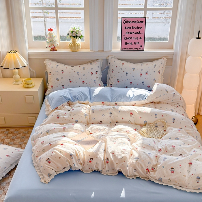 91家纺网 家纺一手货源 找家纺 芯贝儿 2026新款古法小清新全棉花边仿棉水洗棉法式四件套件被套床单 小伙伴