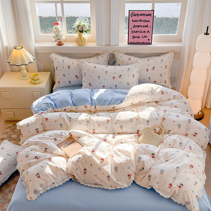 91家纺网 家纺一手货源 找家纺 芯贝儿 2026新款古法小清新全棉花边仿棉水洗棉法式四件套件被套床单 小伙伴