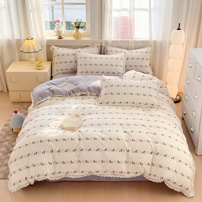 91家纺网 家纺一手货源 找家纺 芯贝儿 2026新款古法小清新全棉花边仿棉水洗棉法式四件套件被套床单 小木马