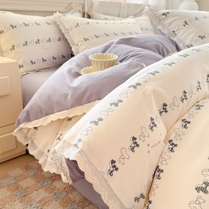 91家纺网 家纺一手货源 找家纺 芯贝儿 2026新款古法小清新全棉花边仿棉水洗棉法式四件套件被套床单 小木马