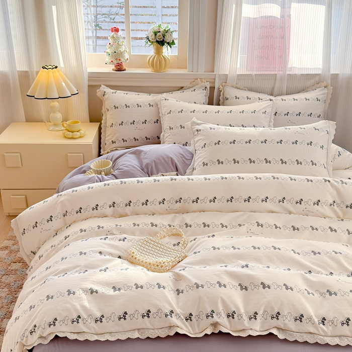 91家纺网 家纺一手货源 找家纺 芯贝儿 2026新款古法小清新全棉花边仿棉水洗棉法式四件套件被套床单 小木马