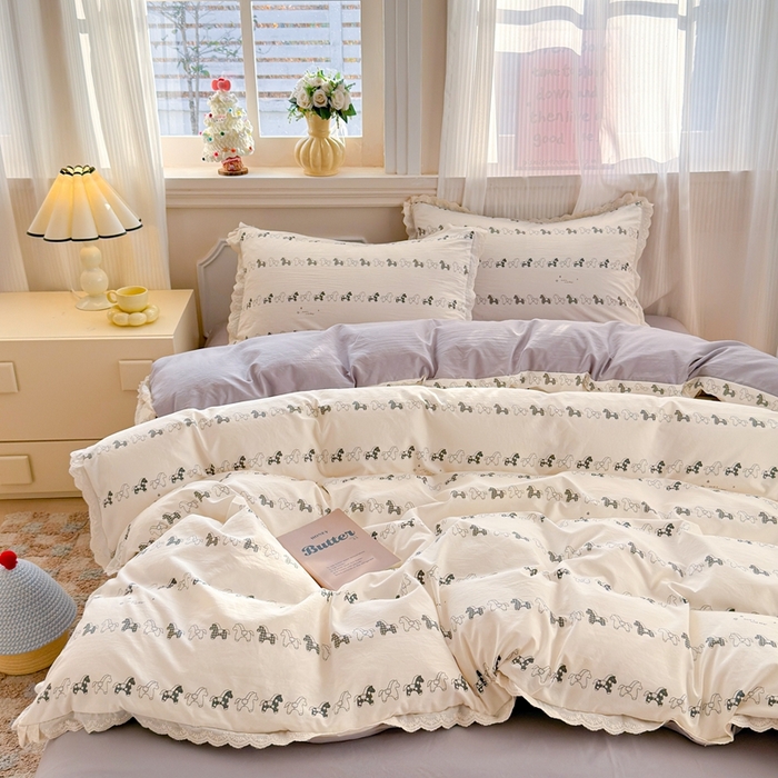 91家纺网 家纺一手货源 找家纺 芯贝儿 2026新款古法小清新全棉花边仿棉水洗棉法式四件套件被套床单 小木马