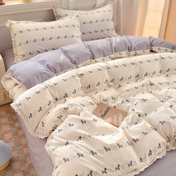 91家纺网 家纺一手货源 找家纺 芯贝儿 2026新款古法小清新全棉花边仿棉水洗棉法式四件套件被套床单 小木马