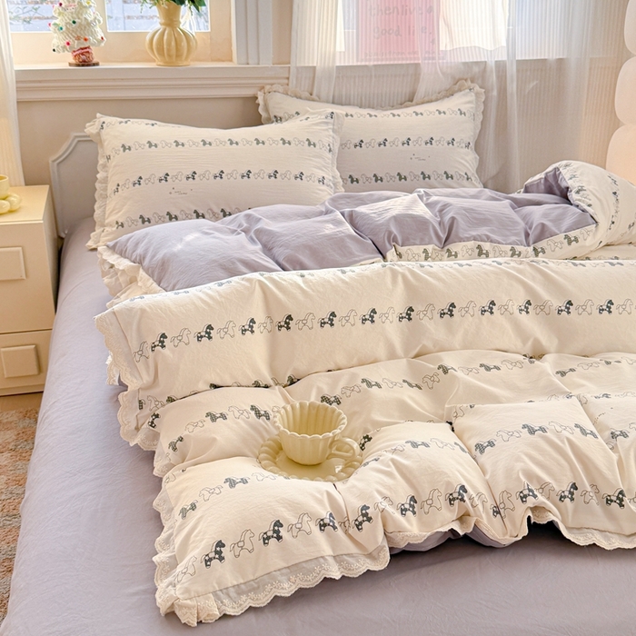 91家纺网 家纺一手货源 找家纺 芯贝儿 2026新款古法小清新全棉花边仿棉水洗棉法式四件套件被套床单 小木马