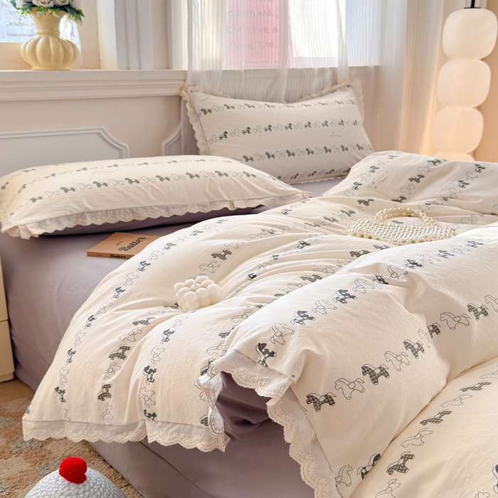 91家纺网 家纺一手货源 找家纺 芯贝儿 2026新款古法小清新全棉花边仿棉水洗棉法式四件套件被套床单 小木马