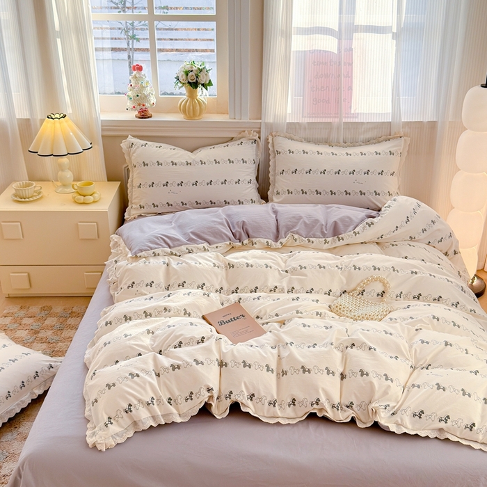 91家纺网 家纺一手货源 找家纺 芯贝儿 2026新款古法小清新全棉花边仿棉水洗棉法式四件套件被套床单 小木马