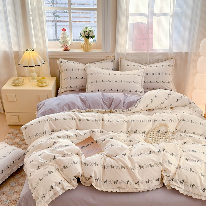 91家纺网 家纺一手货源 找家纺 芯贝儿 2026新款古法小清新全棉花边仿棉水洗棉法式四件套件被套床单 小木马