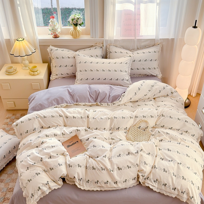 91家纺网 家纺一手货源 找家纺 芯贝儿 2026新款古法小清新全棉花边仿棉水洗棉法式四件套件被套床单 小木马