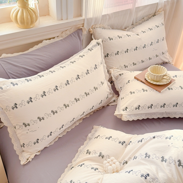 91家纺网 家纺一手货源 找家纺 芯贝儿 2026新款古法小清新全棉花边仿棉水洗棉法式四件套件被套床单 小木马