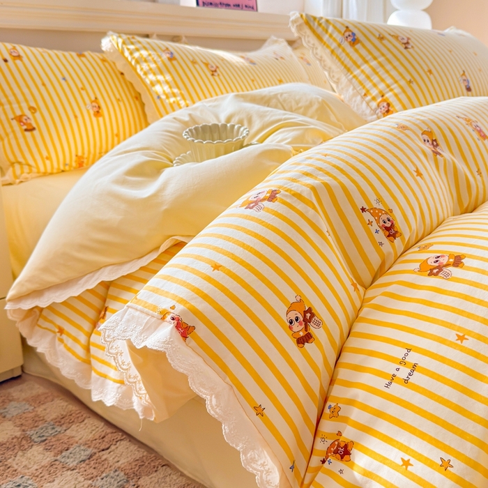 91家纺网 家纺一手货源 找家纺 芯贝儿 2026新款古法小清新全棉花边仿棉水洗棉法式四件套件被套床单 星宝