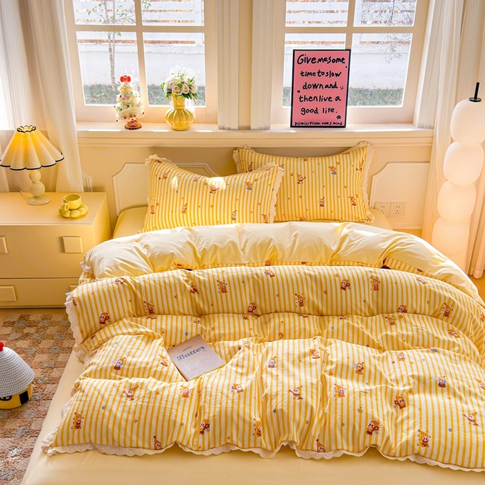 91家纺网 家纺一手货源 找家纺 芯贝儿 2026新款古法小清新全棉花边仿棉水洗棉法式四件套件被套床单 星宝