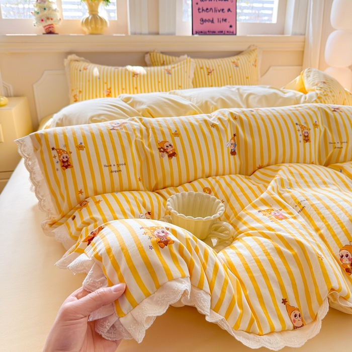 91家纺网 家纺一手货源 找家纺 芯贝儿 2026新款古法小清新全棉花边仿棉水洗棉法式四件套件被套床单 星宝