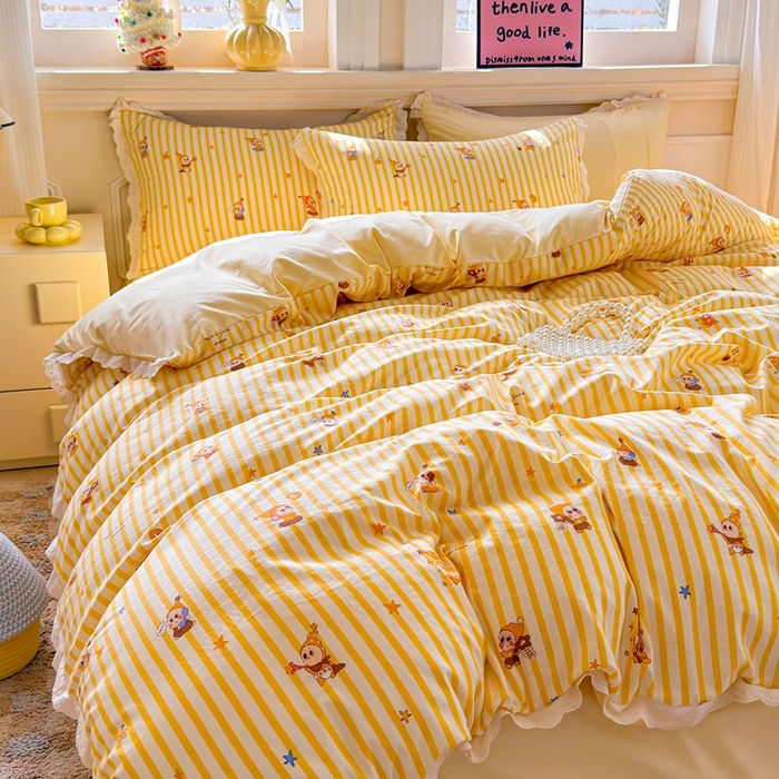 91家纺网 家纺一手货源 找家纺 芯贝儿 2026新款古法小清新全棉花边仿棉水洗棉法式四件套件被套床单 星宝