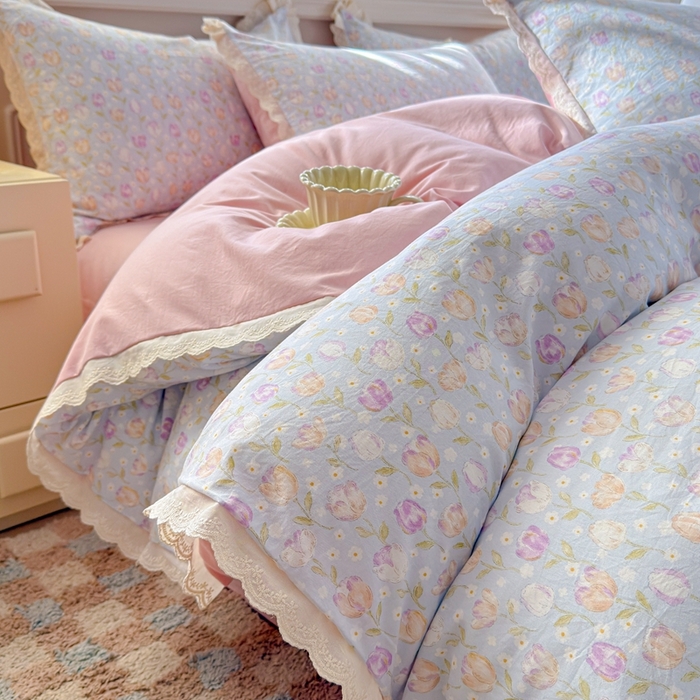 91家纺网 家纺一手货源 找家纺 芯贝儿 2026新款古法小清新全棉花边仿棉水洗棉法式四件套件被套床单 郁金香