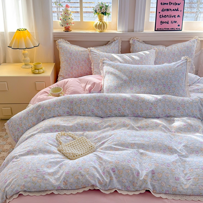 91家纺网 家纺一手货源 找家纺 芯贝儿 2026新款古法小清新全棉花边仿棉水洗棉法式四件套件被套床单 郁金香