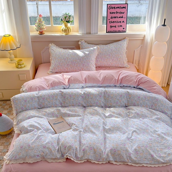 91家纺网 家纺一手货源 找家纺 芯贝儿 2026新款古法小清新全棉花边仿棉水洗棉法式四件套件被套床单 郁金香