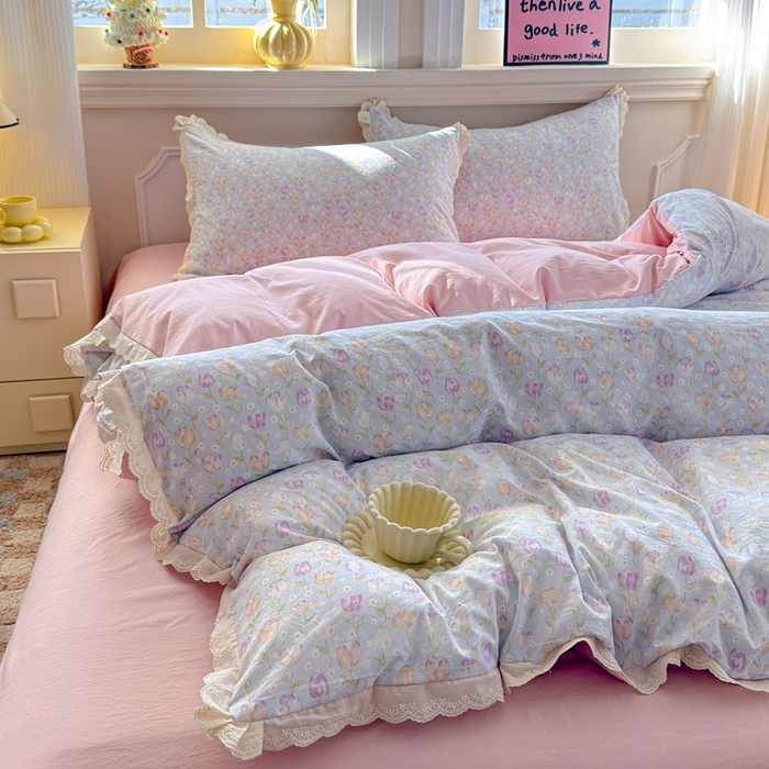 91家纺网 家纺一手货源 找家纺 芯贝儿 2026新款古法小清新全棉花边仿棉水洗棉法式四件套件被套床单 郁金香