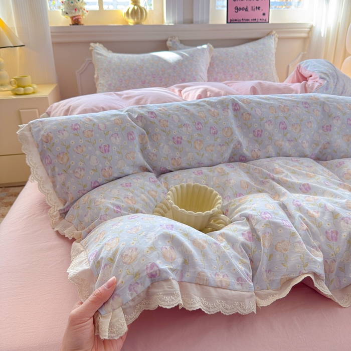 91家纺网 家纺一手货源 找家纺 芯贝儿 2026新款古法小清新全棉花边仿棉水洗棉法式四件套件被套床单 郁金香