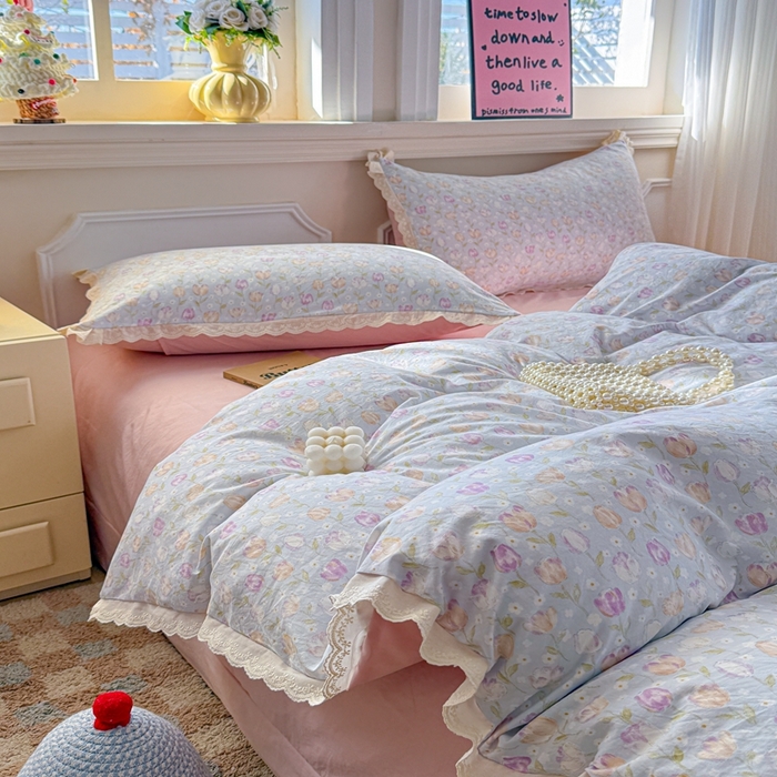 91家纺网 家纺一手货源 找家纺 芯贝儿 2026新款古法小清新全棉花边仿棉水洗棉法式四件套件被套床单 郁金香