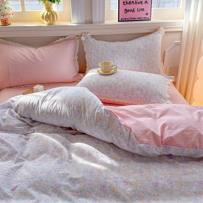 91家纺网 家纺一手货源 找家纺 芯贝儿 2026新款古法小清新全棉花边仿棉水洗棉法式四件套件被套床单 郁金香