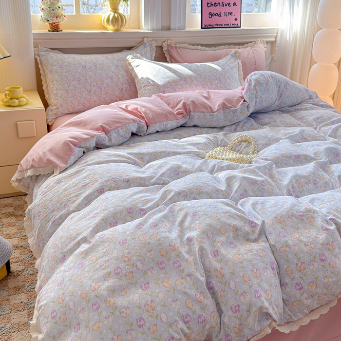 91家纺网 家纺一手货源 找家纺 芯贝儿 2026新款古法小清新全棉花边仿棉水洗棉法式四件套件被套床单 郁金香