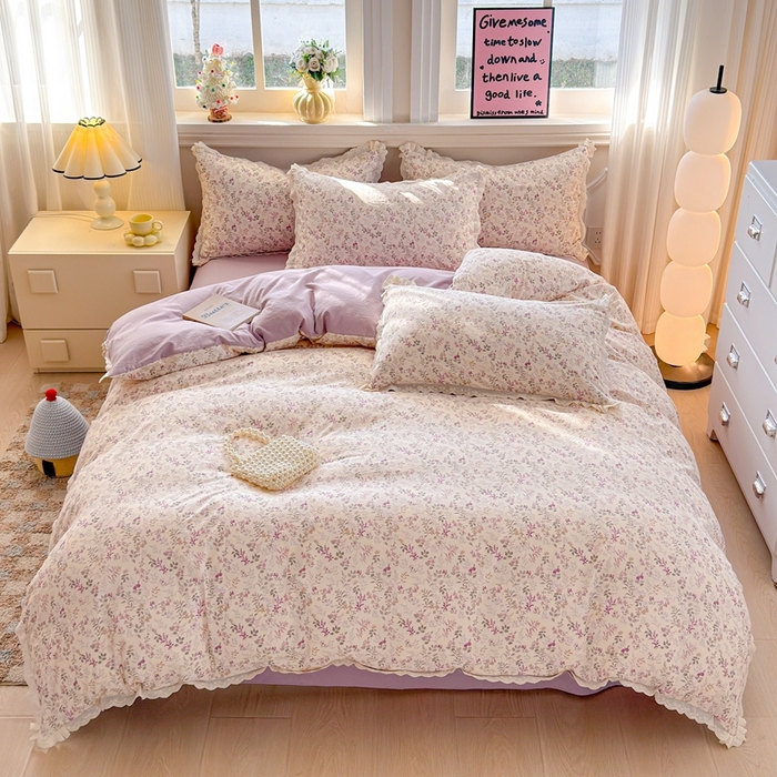 91家纺网 家纺一手货源 找家纺 芯贝儿 2026新款古法小清新全棉花边仿棉水洗棉法式四件套件被套床单 云瑶