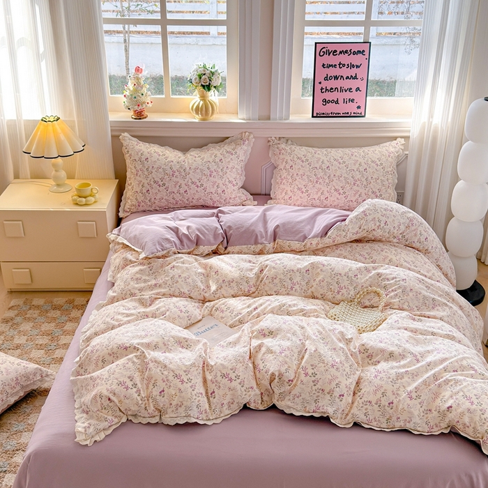 91家纺网 家纺一手货源 找家纺 芯贝儿 2026新款古法小清新全棉花边仿棉水洗棉法式四件套件被套床单 云瑶