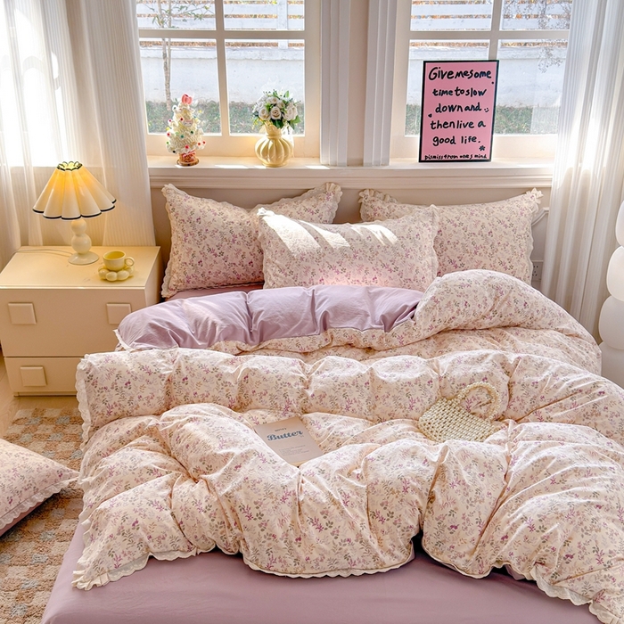 91家纺网 家纺一手货源 找家纺 芯贝儿 2026新款古法小清新全棉花边仿棉水洗棉法式四件套件被套床单 云瑶