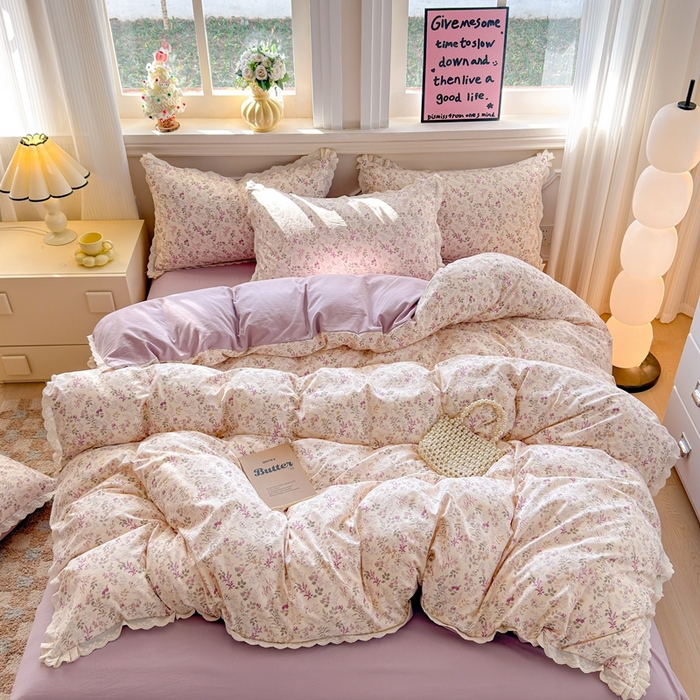 91家纺网 家纺一手货源 找家纺 芯贝儿 2026新款古法小清新全棉花边仿棉水洗棉法式四件套件被套床单 云瑶