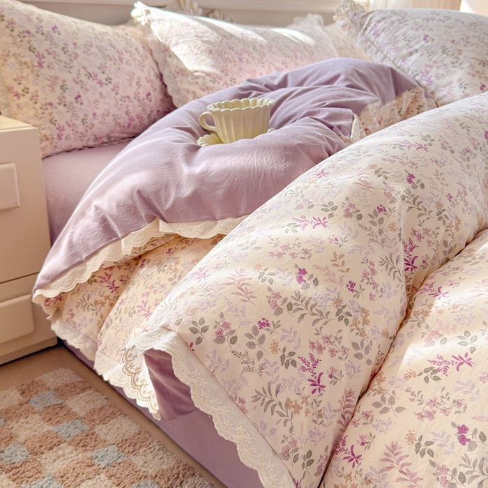 91家纺网 家纺一手货源 找家纺 芯贝儿 2026新款古法小清新全棉花边仿棉水洗棉法式四件套件被套床单 云瑶