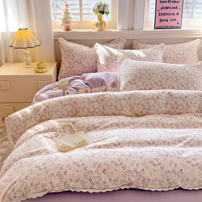 91家纺网 家纺一手货源 找家纺 芯贝儿 2026新款古法小清新全棉花边仿棉水洗棉法式四件套件被套床单 云瑶