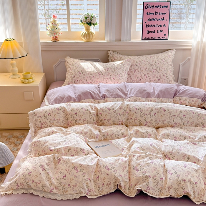 91家纺网 家纺一手货源 找家纺 芯贝儿 2026新款古法小清新全棉花边仿棉水洗棉法式四件套件被套床单 云瑶