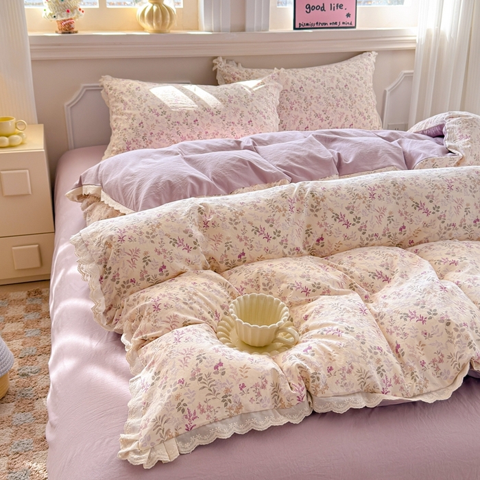 91家纺网 家纺一手货源 找家纺 芯贝儿 2026新款古法小清新全棉花边仿棉水洗棉法式四件套件被套床单 云瑶