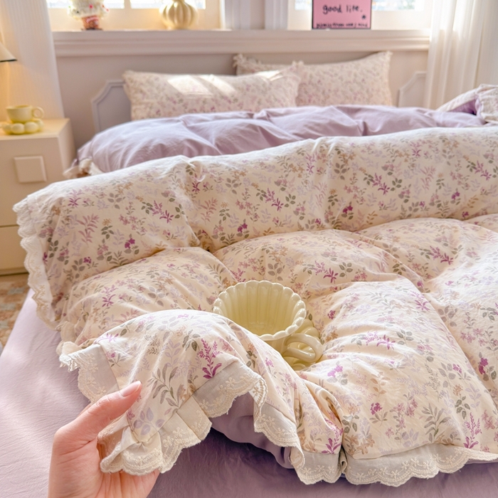 91家纺网 家纺一手货源 找家纺 芯贝儿 2026新款古法小清新全棉花边仿棉水洗棉法式四件套件被套床单 云瑶